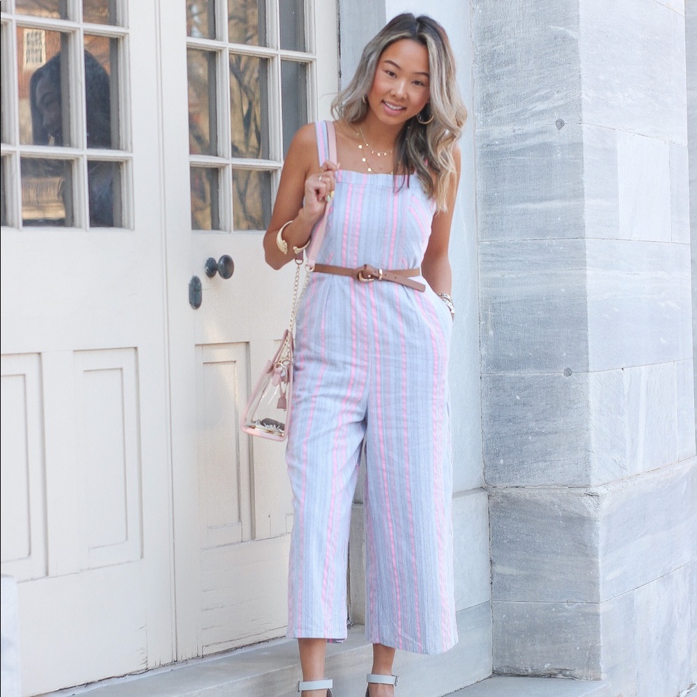Purple and pink striped culotte jumpsuit